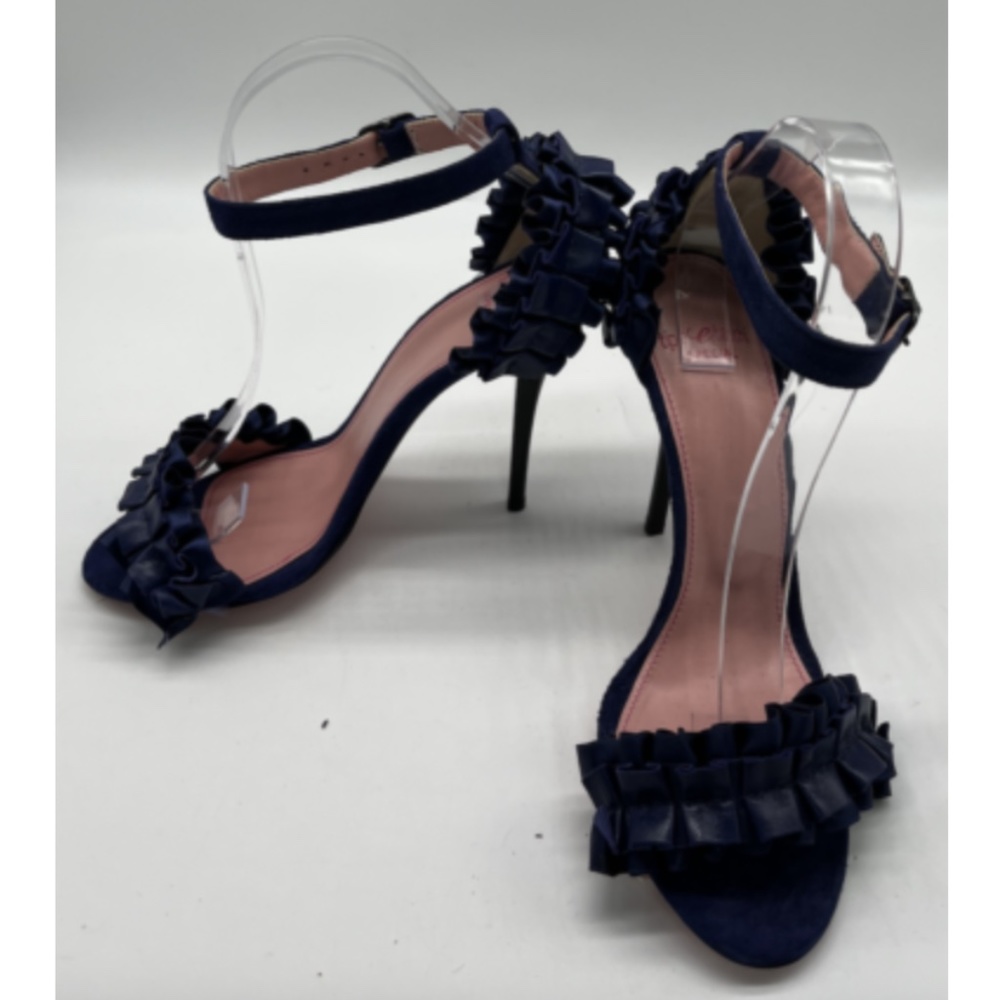 Tipe E Tacchi Blue Satin/Leather Ruffle Open Toe Ankle-Strap Sandal Heel sz 37